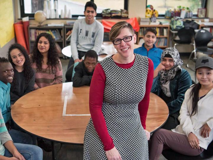 Mandy Manning with her students at the Joel E. Ferris High School in Spokane, Washington